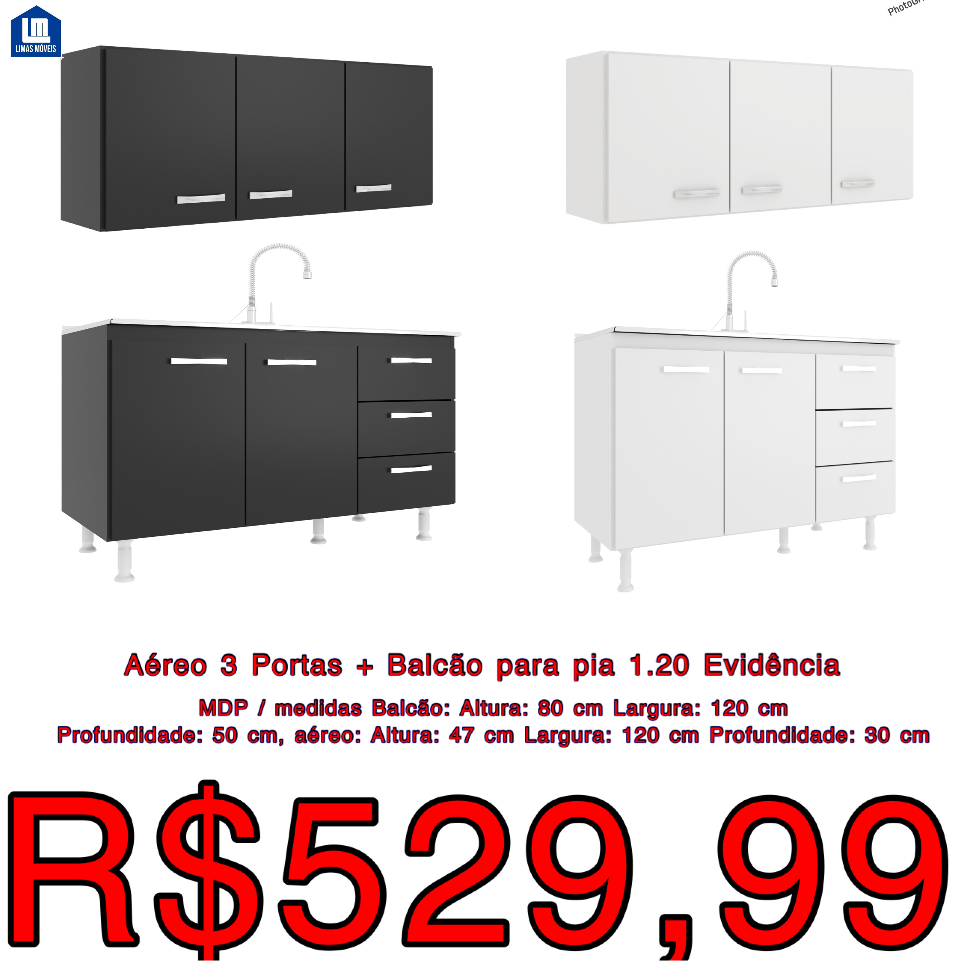 Aéreo 3 Portas + Balcão para pia 1.20 Evidência